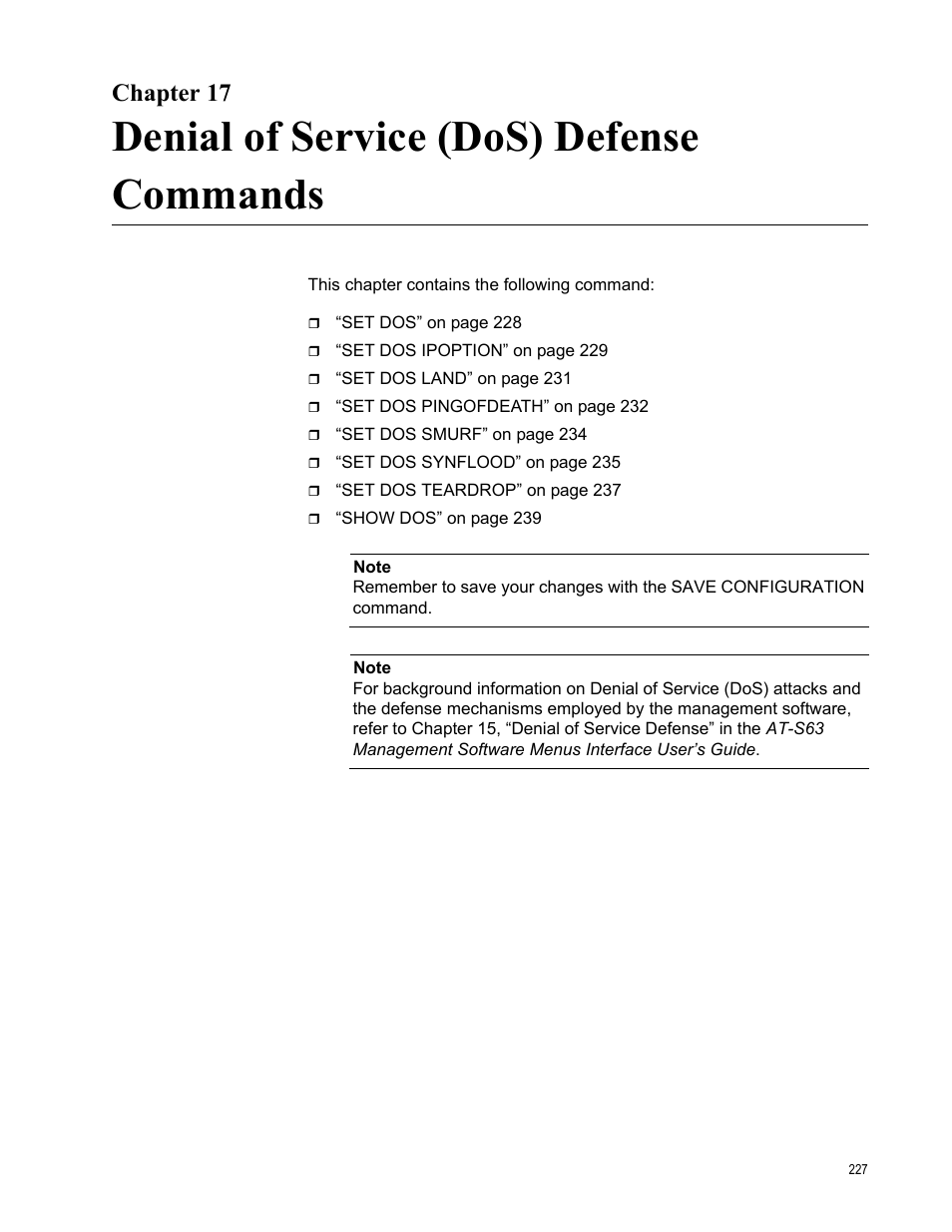 Chapter 17, Denial of service (dos) defense commands | Allied Telesis AT-S63 User Manual | Page 227 / 562