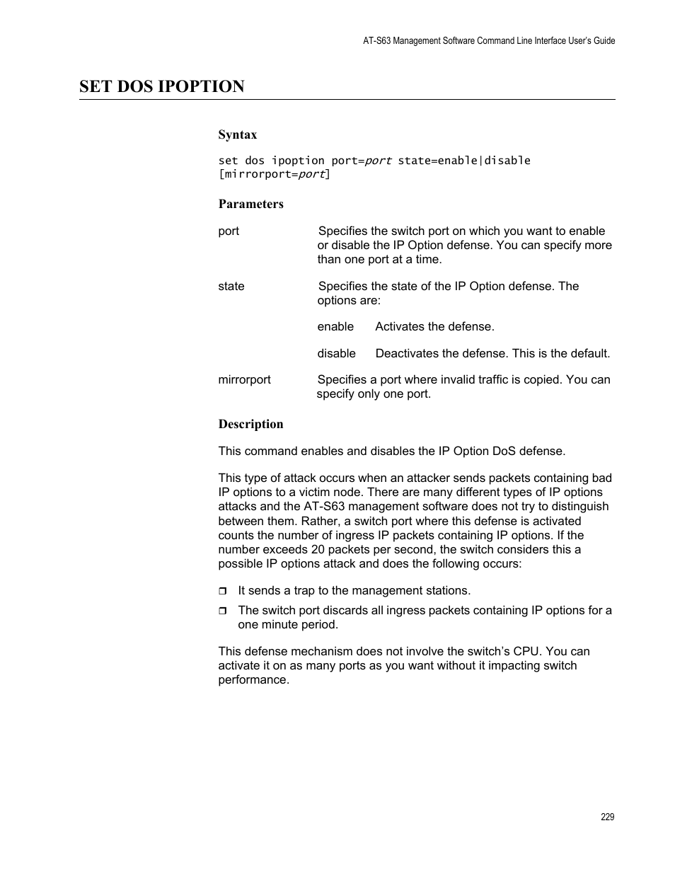 Set dos ipoption, Syntax, Parameters | Description | Allied Telesis AT-S63 User Manual | Page 229 / 562