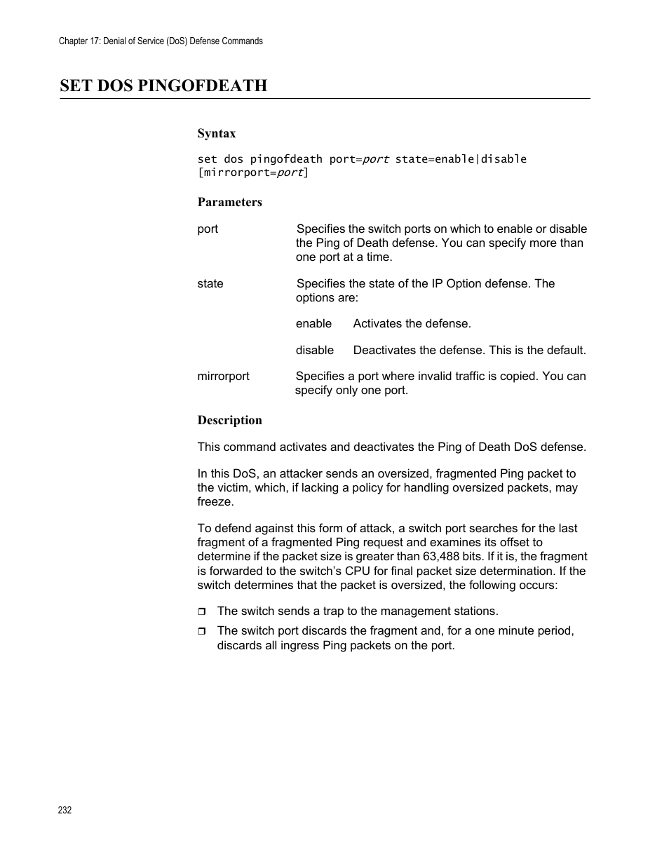 Set dos pingofdeath, Syntax, Parameters | Description | Allied Telesis AT-S63 User Manual | Page 232 / 562