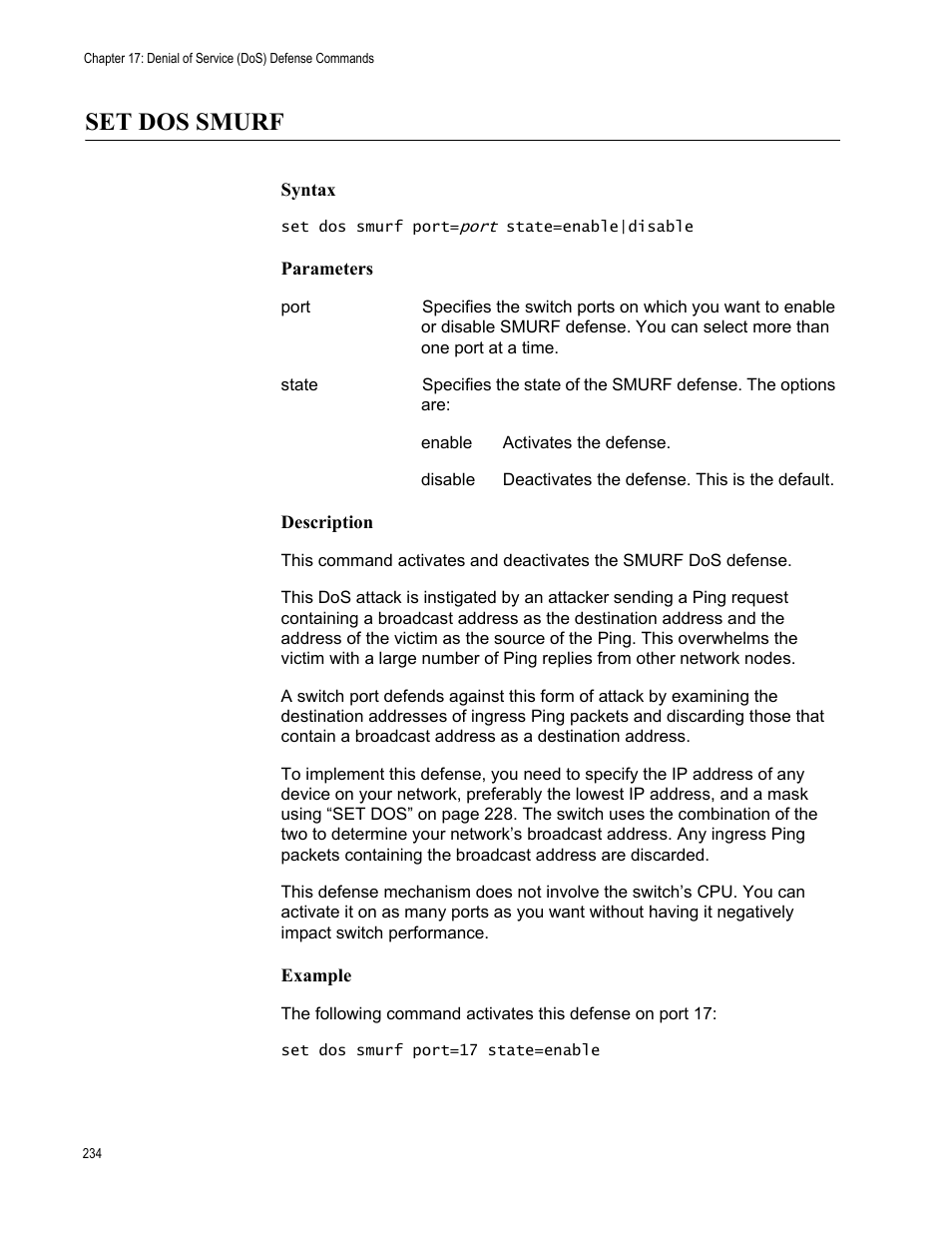 Set dos smurf, Syntax, Parameters | Description, Example | Allied Telesis AT-S63 User Manual | Page 234 / 562