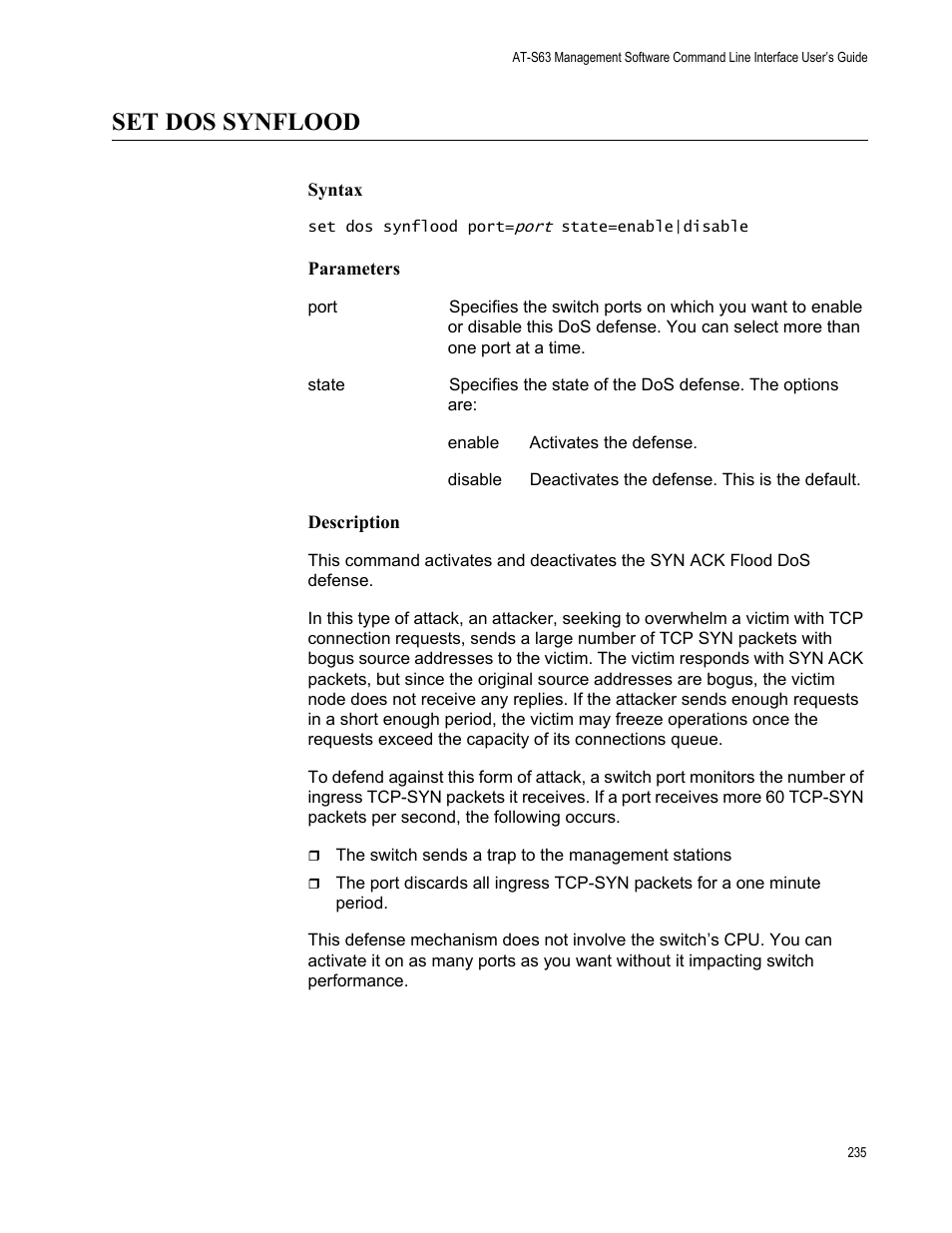 Set dos synflood, Syntax, Parameters | Description | Allied Telesis AT-S63 User Manual | Page 235 / 562