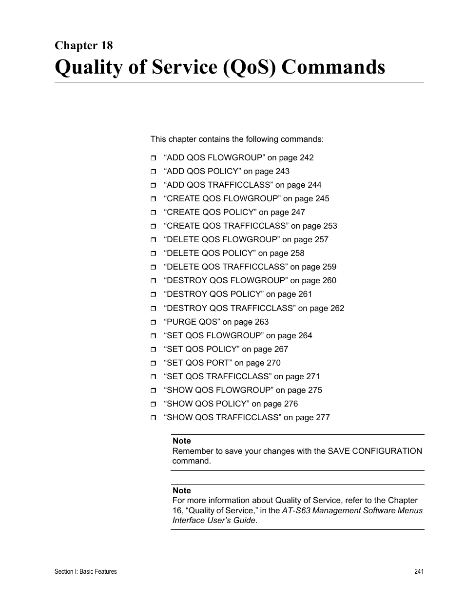 Chapter 18, Quality of service (qos) commands | Allied Telesis AT-S63 User Manual | Page 241 / 562