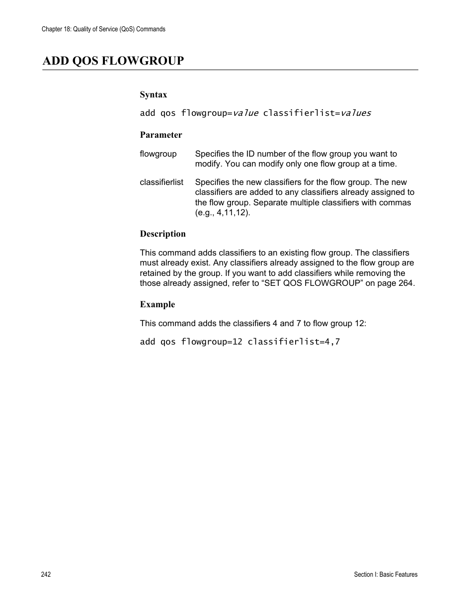 Add qos flowgroup, Syntax, Parameter | Description, Example | Allied Telesis AT-S63 User Manual | Page 242 / 562
