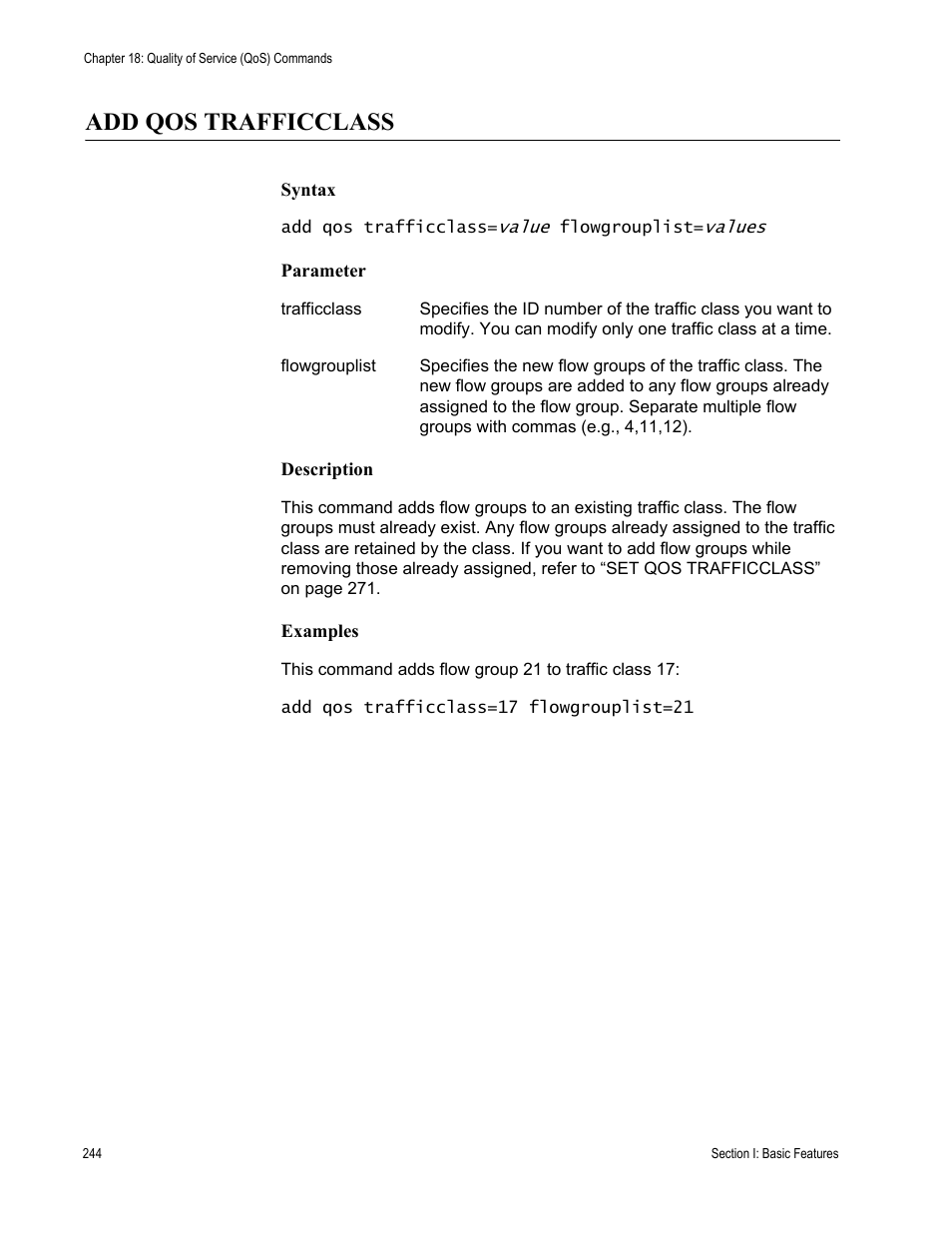 Add qos trafficclass, Syntax, Parameter | Description, Examples | Allied Telesis AT-S63 User Manual | Page 244 / 562