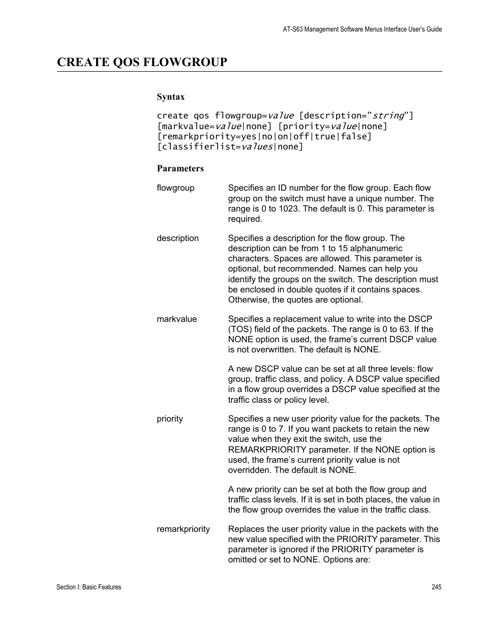 Create qos flowgroup, Syntax, Parameters | Allied Telesis AT-S63 User Manual | Page 245 / 562