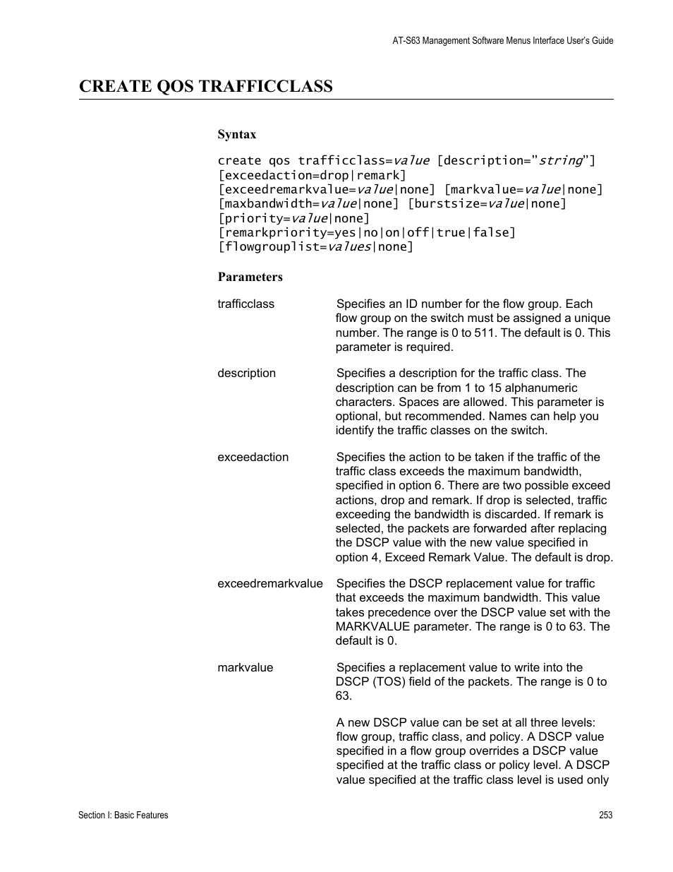 Create qos trafficclass, Syntax, Parameters | Allied Telesis AT-S63 User Manual | Page 253 / 562