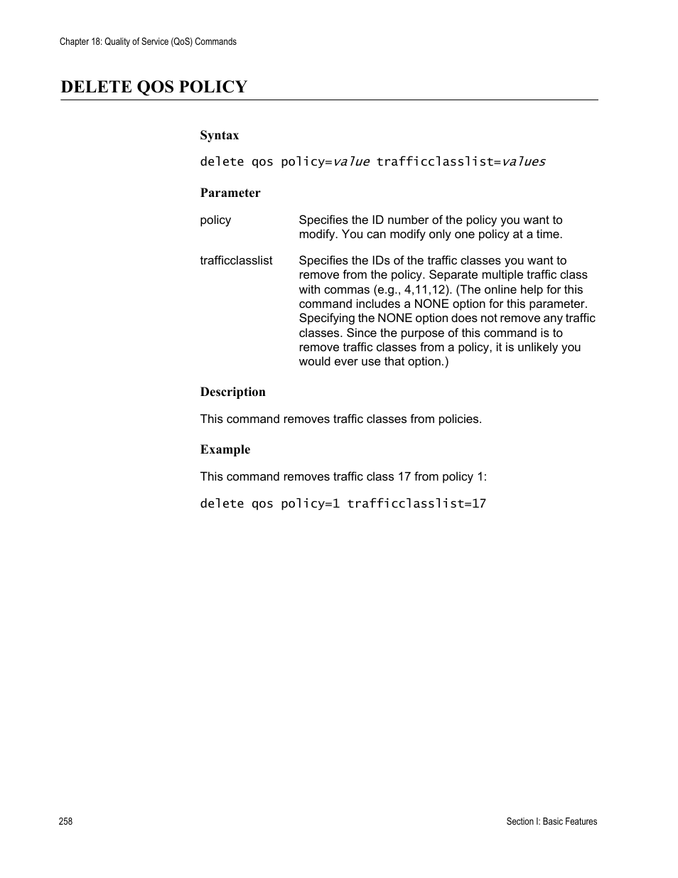 Delete qos policy, Syntax, Parameter | Description, Example | Allied Telesis AT-S63 User Manual | Page 258 / 562