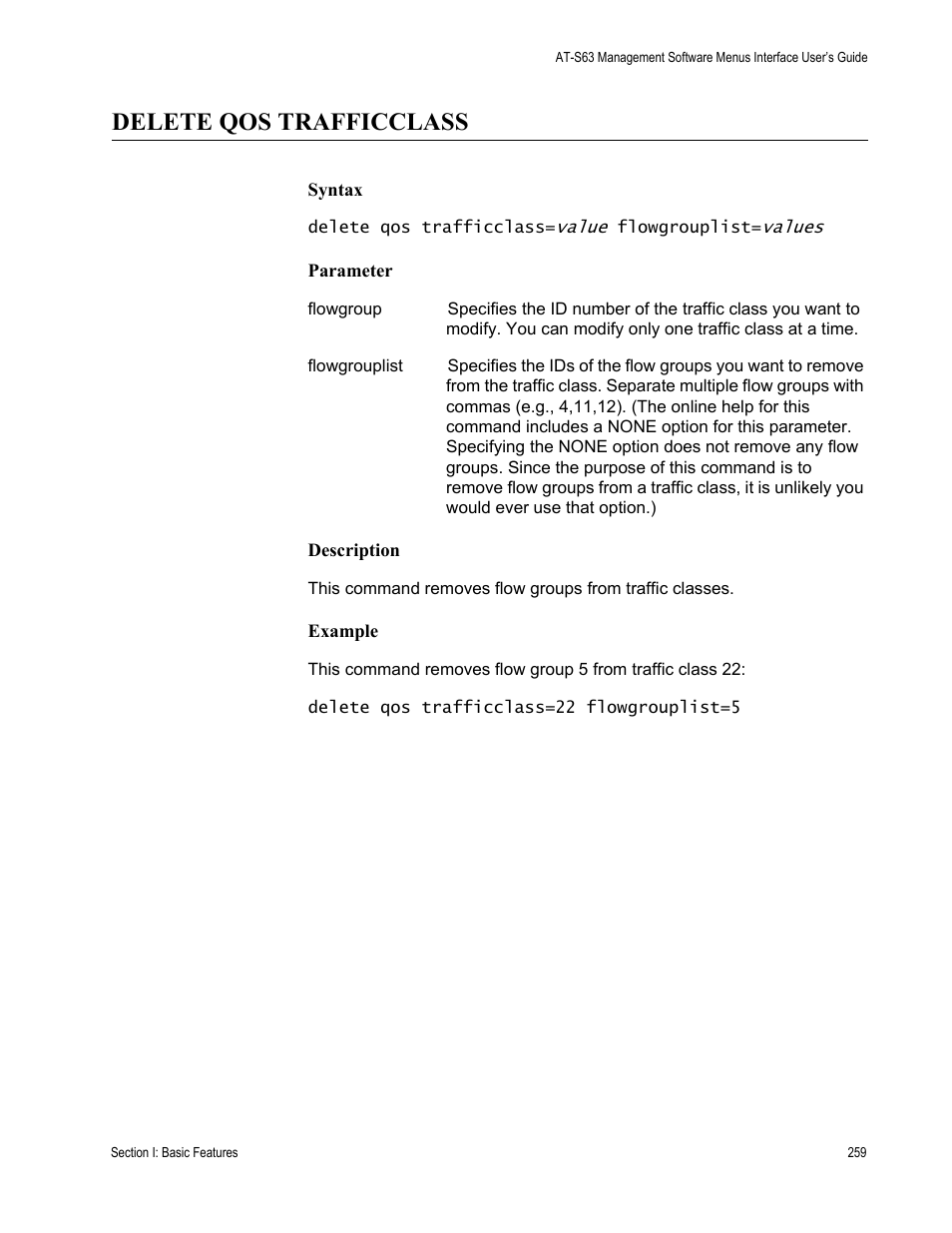 Delete qos trafficclass, Syntax, Parameter | Description, Example | Allied Telesis AT-S63 User Manual | Page 259 / 562