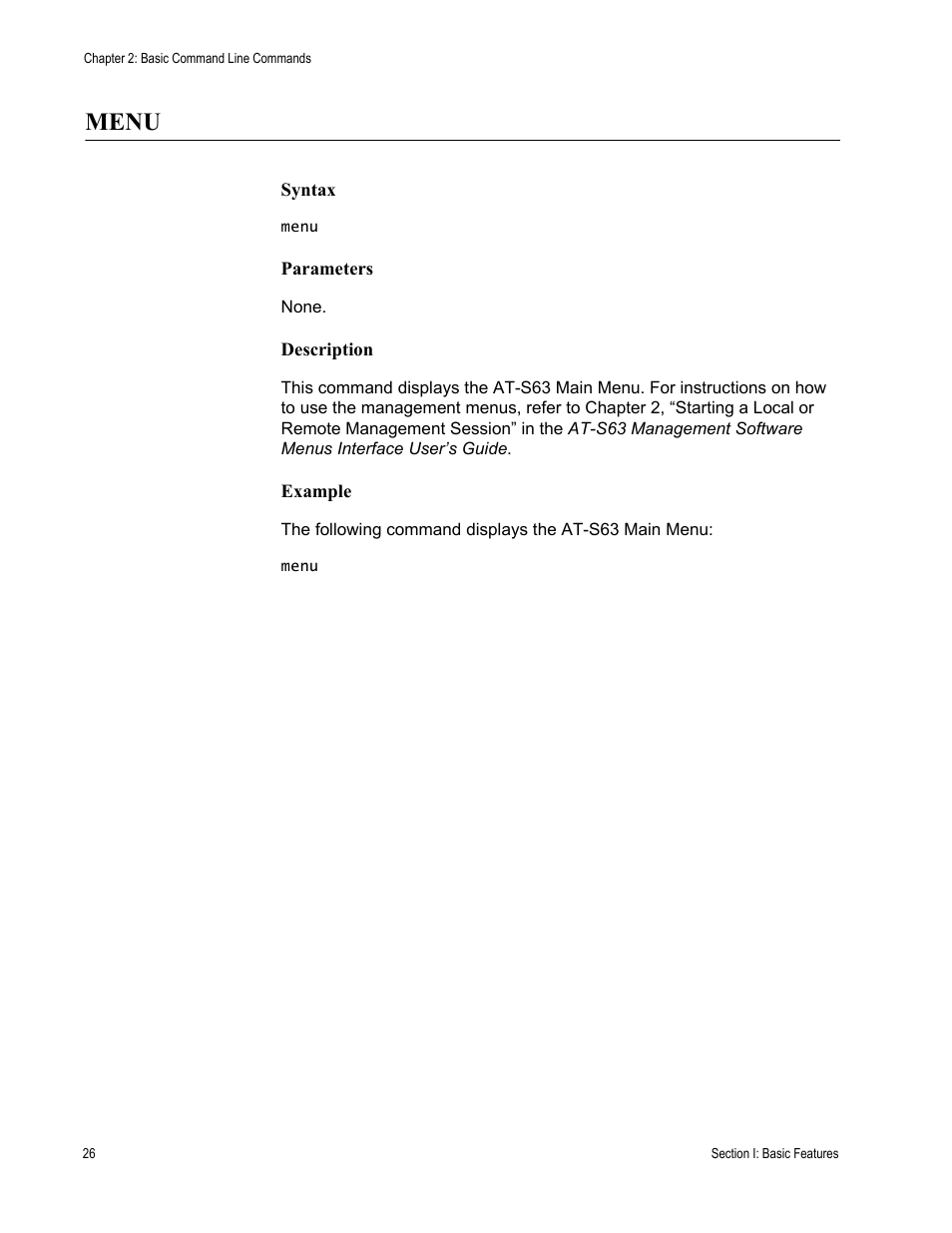 Menu, Syntax, Parameters | Description, Example | Allied Telesis AT-S63 User Manual | Page 26 / 562