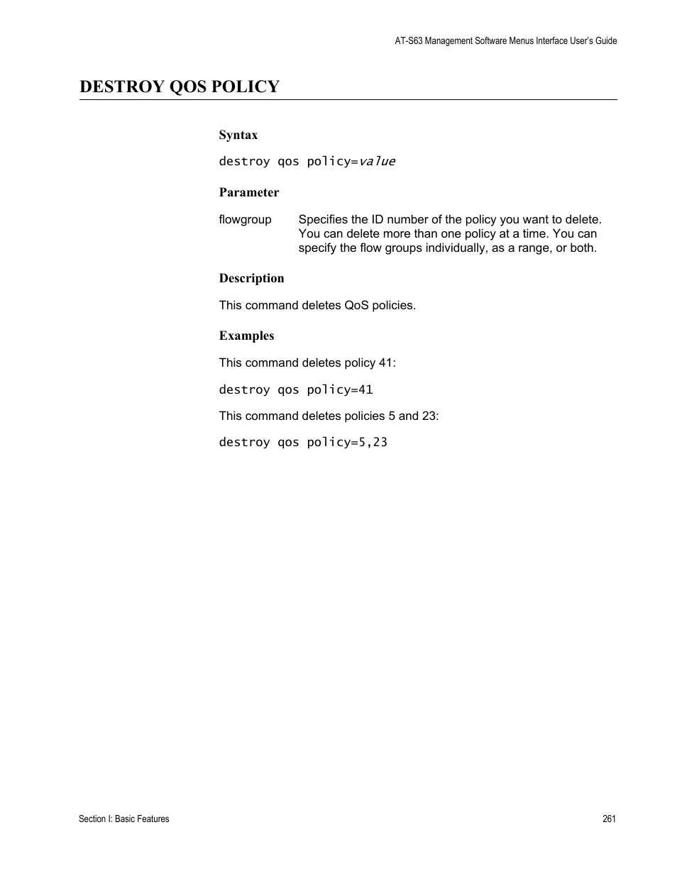 Destroy qos policy, Syntax, Parameter | Description, Examples | Allied Telesis AT-S63 User Manual | Page 261 / 562