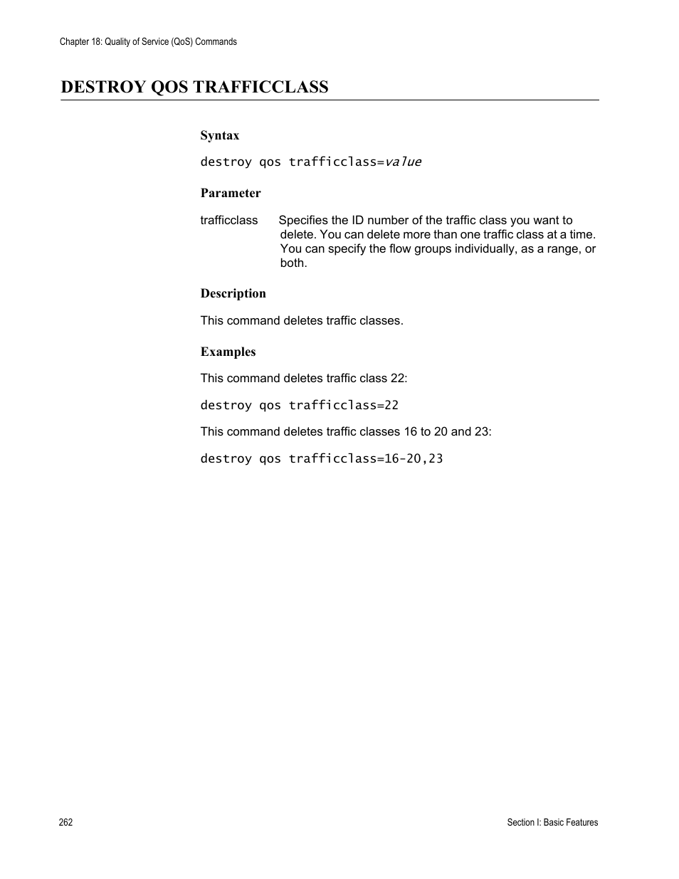 Destroy qos trafficclass, Syntax, Parameter | Description, Examples | Allied Telesis AT-S63 User Manual | Page 262 / 562