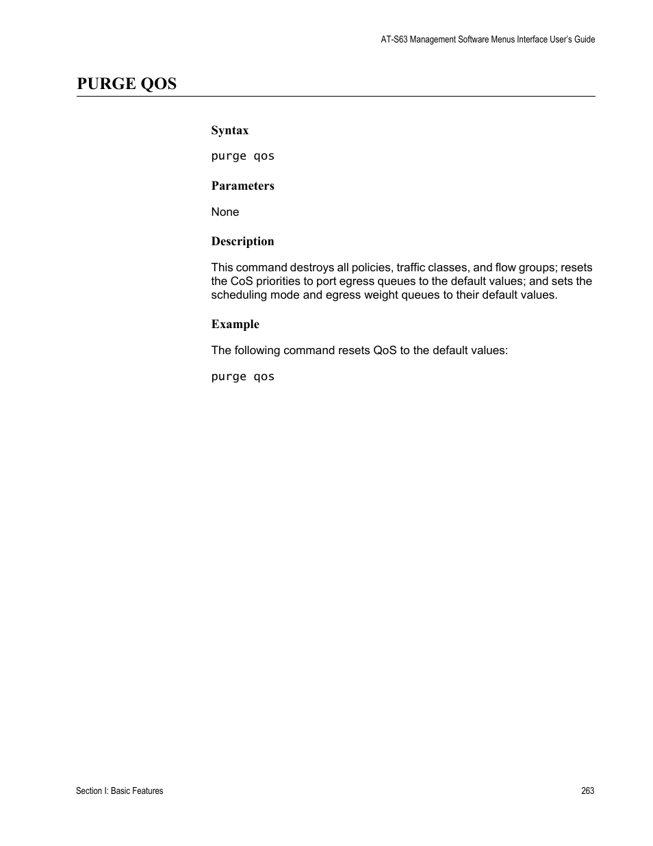 Purge qos, Syntax, Parameters | Description, Example | Allied Telesis AT-S63 User Manual | Page 263 / 562