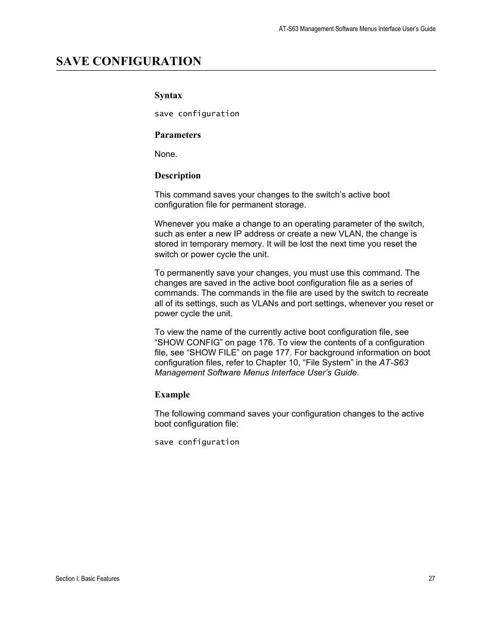 Save configuration, Syntax, Parameters | Description, Example | Allied Telesis AT-S63 User Manual | Page 27 / 562