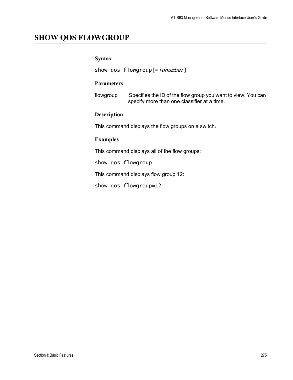Show qos flowgroup, Syntax, Parameters | Description, Examples | Allied Telesis AT-S63 User Manual | Page 275 / 562