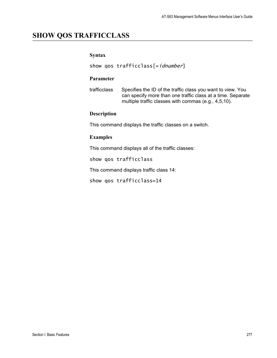 Show qos trafficclass, Syntax, Parameter | Description, Examples | Allied Telesis AT-S63 User Manual | Page 277 / 562