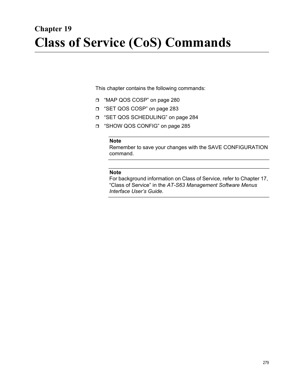 Chapter 19, Class of service (cos) commands | Allied Telesis AT-S63 User Manual | Page 279 / 562