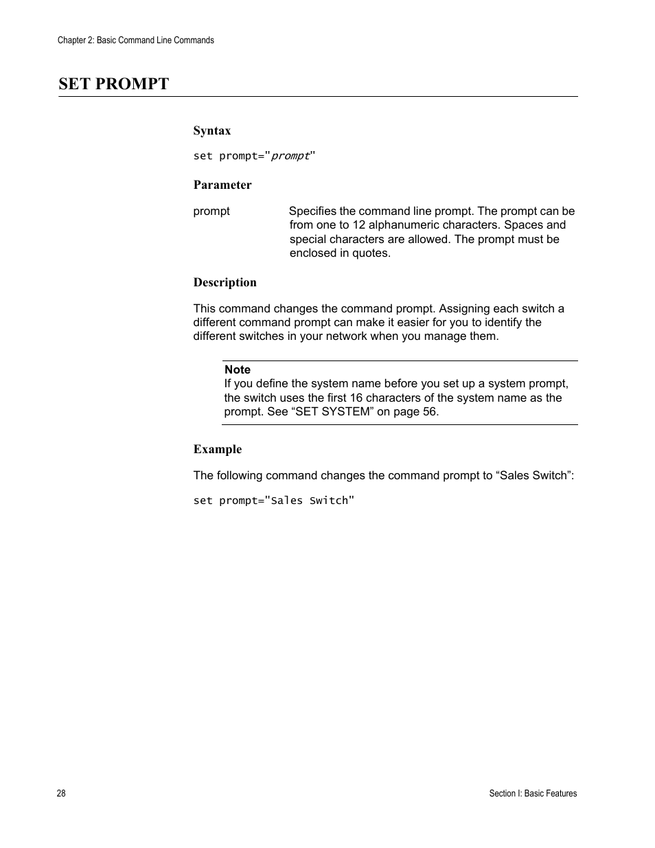 Set prompt, Syntax, Parameter | Description, Example | Allied Telesis AT-S63 User Manual | Page 28 / 562