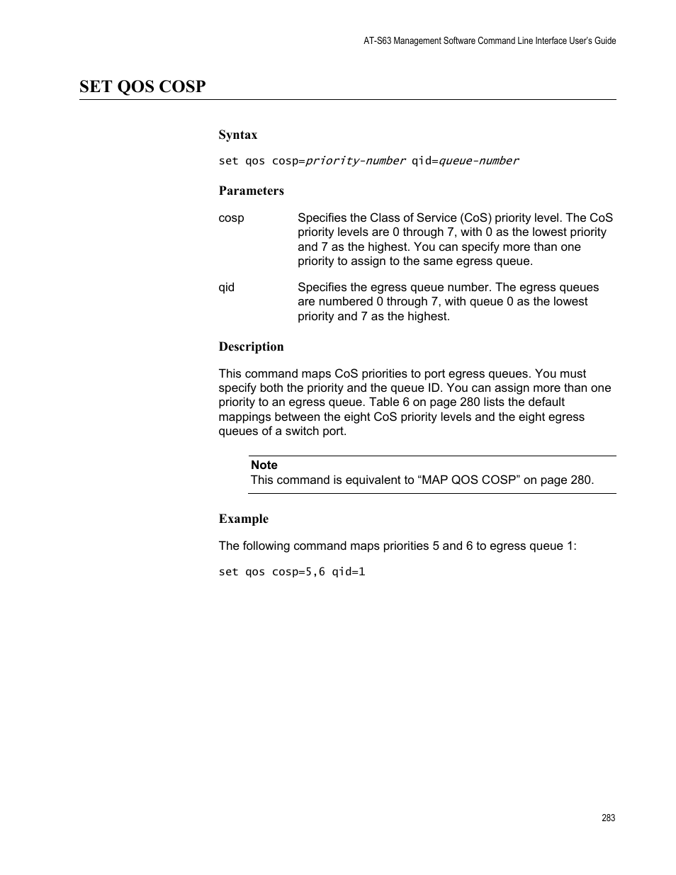 Set qos cosp, Syntax, Parameters | Description, Example | Allied Telesis AT-S63 User Manual | Page 283 / 562