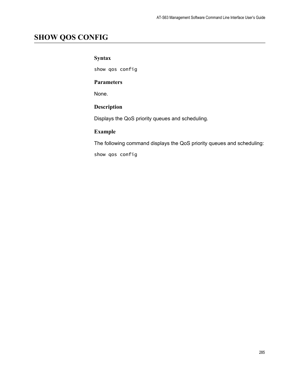 Show qos config, Syntax, Parameters | Description, Example | Allied Telesis AT-S63 User Manual | Page 285 / 562