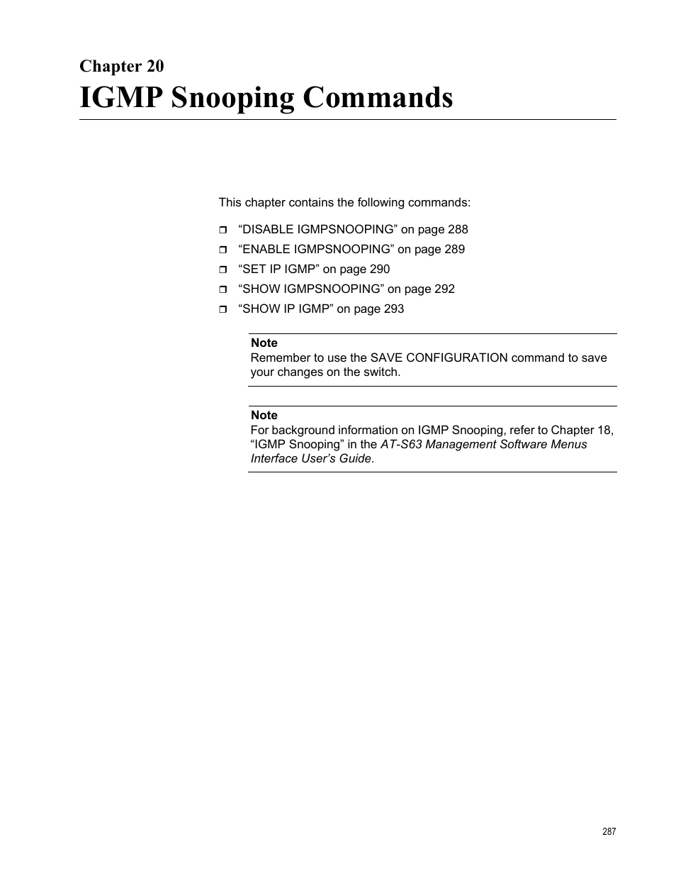 Chapter 20, Igmp snooping commands | Allied Telesis AT-S63 User Manual | Page 287 / 562