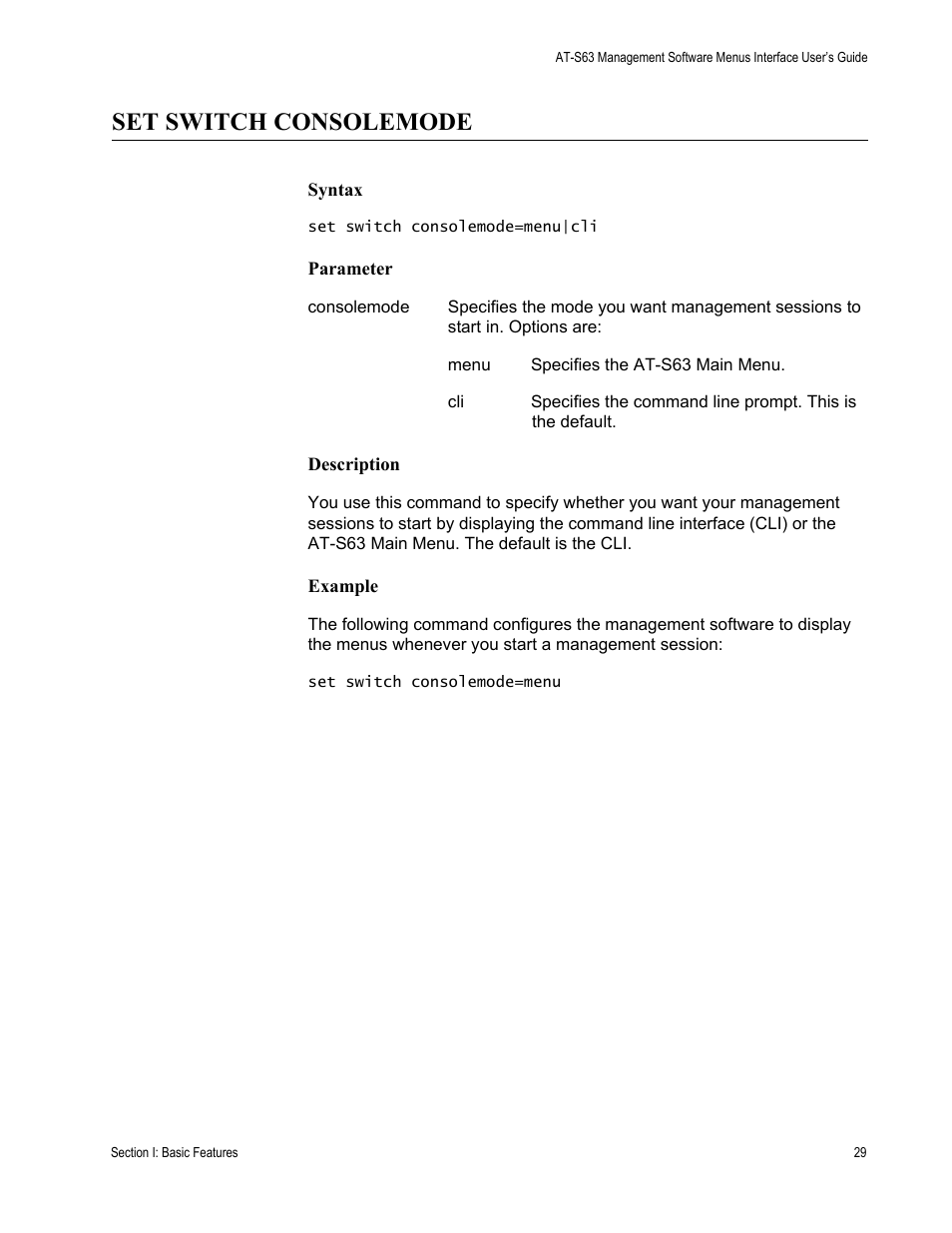 Set switch consolemode, Syntax, Parameter | Description, Example | Allied Telesis AT-S63 User Manual | Page 29 / 562