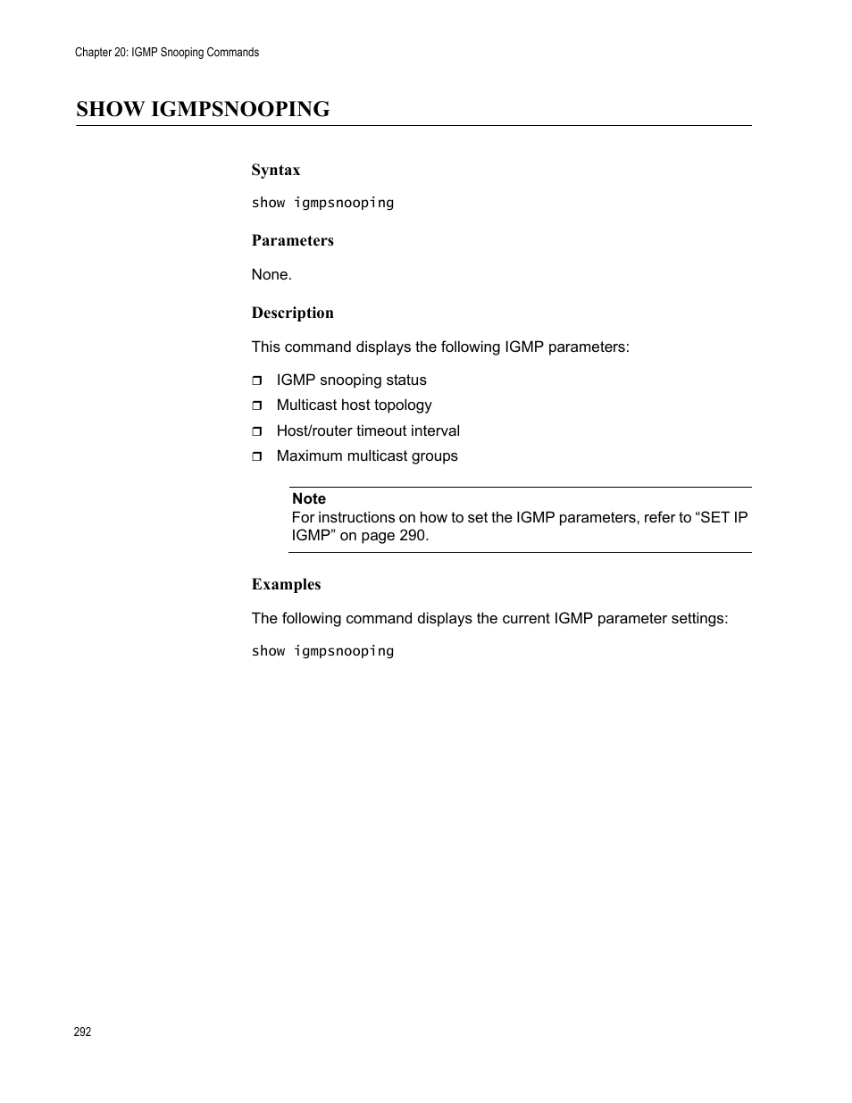 Show igmpsnooping, Syntax, Parameters | Description, Examples | Allied Telesis AT-S63 User Manual | Page 292 / 562