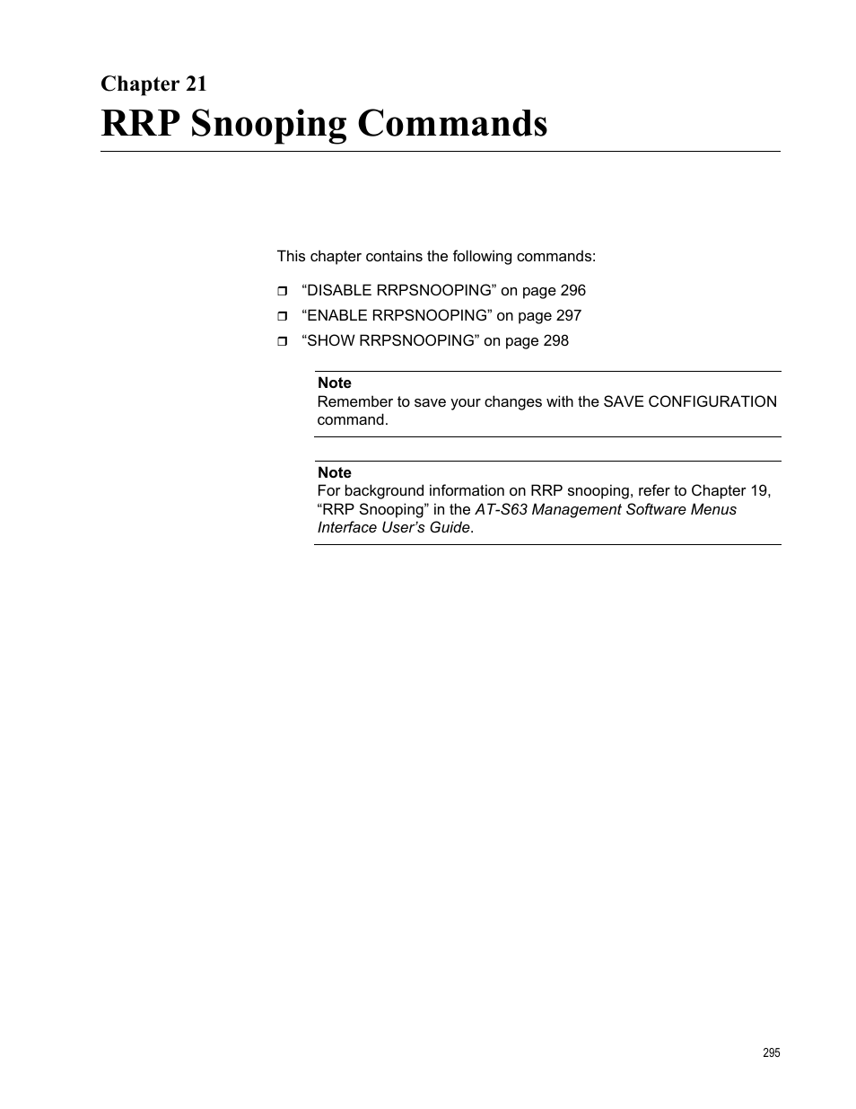 Chapter 21, Rrp snooping commands | Allied Telesis AT-S63 User Manual | Page 295 / 562