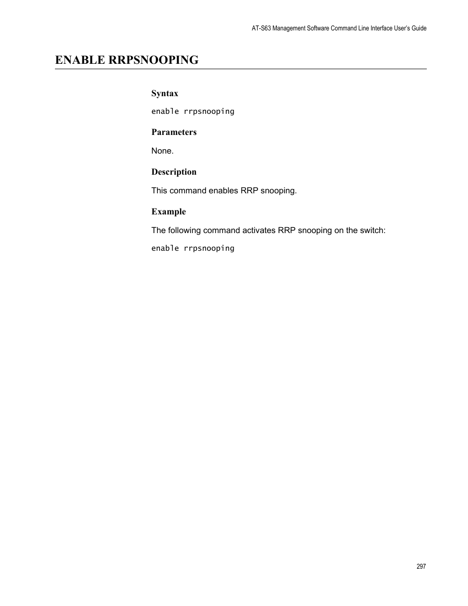 Enable rrpsnooping, Syntax, Parameters | Description, Example | Allied Telesis AT-S63 User Manual | Page 297 / 562