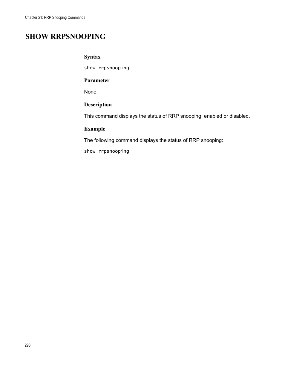 Show rrpsnooping, Syntax, Parameter | Description, Example | Allied Telesis AT-S63 User Manual | Page 298 / 562