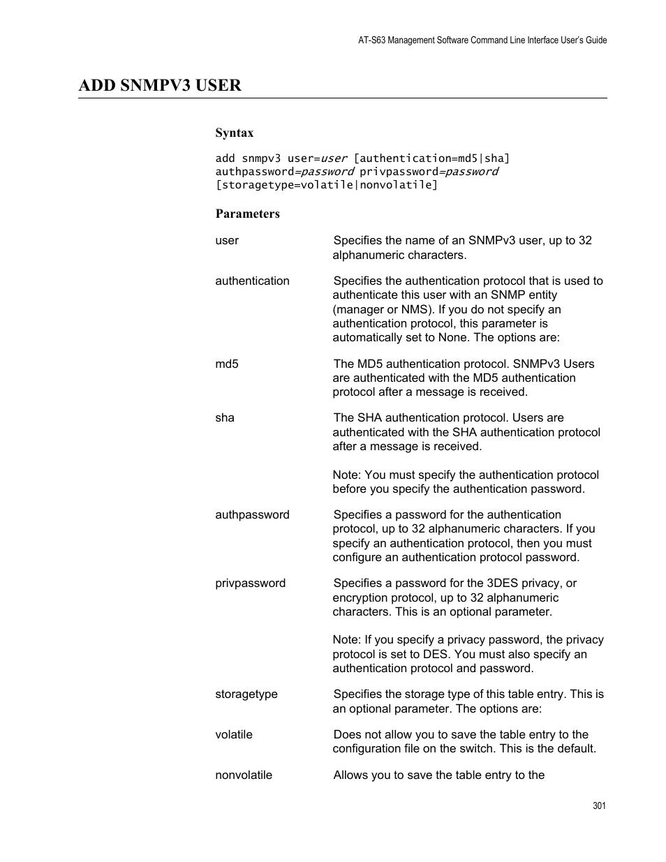 Add snmpv3 user, Syntax, Parameters | Allied Telesis AT-S63 User Manual | Page 301 / 562