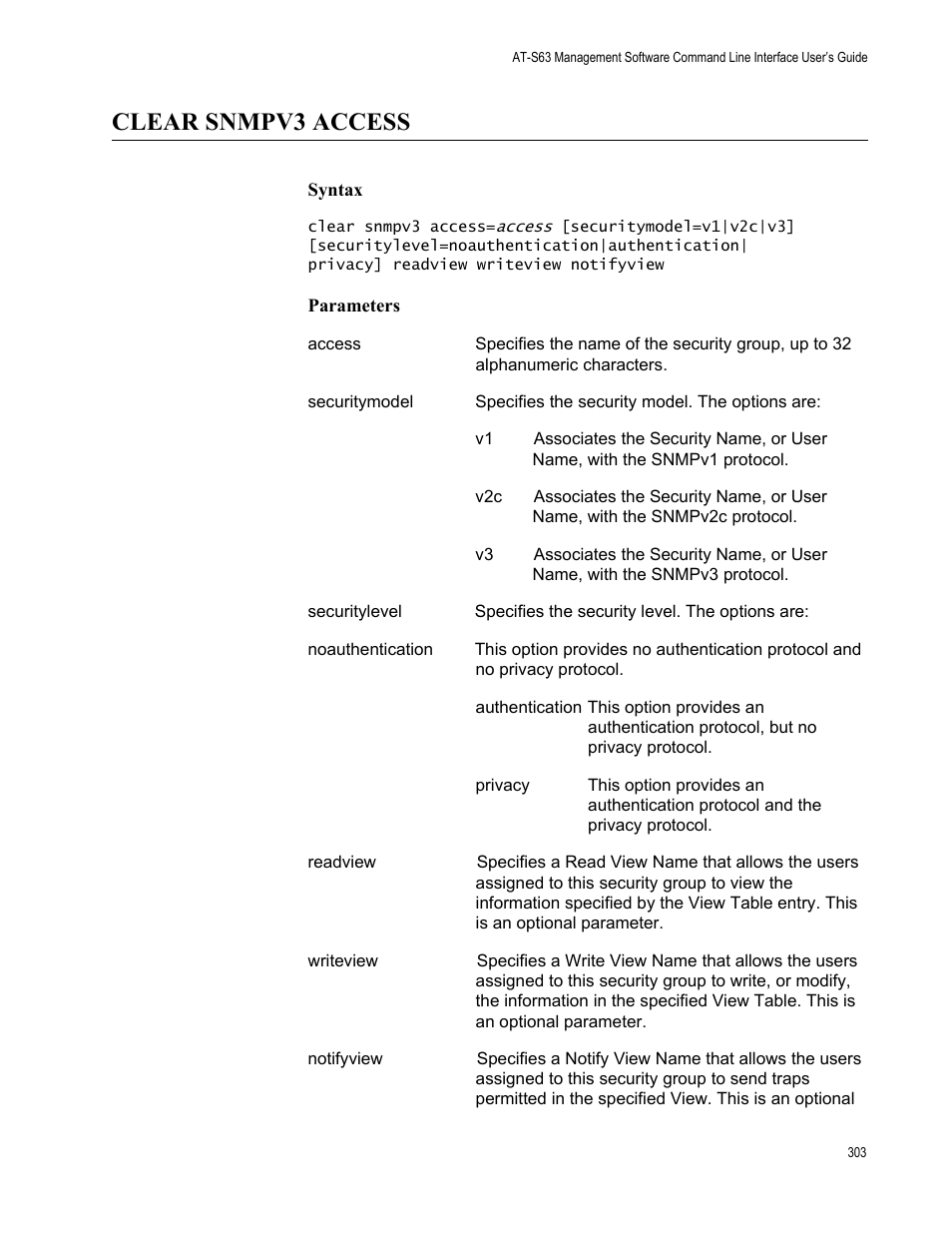 Clear snmpv3 access, Syntax, Parameters | Allied Telesis AT-S63 User Manual | Page 303 / 562