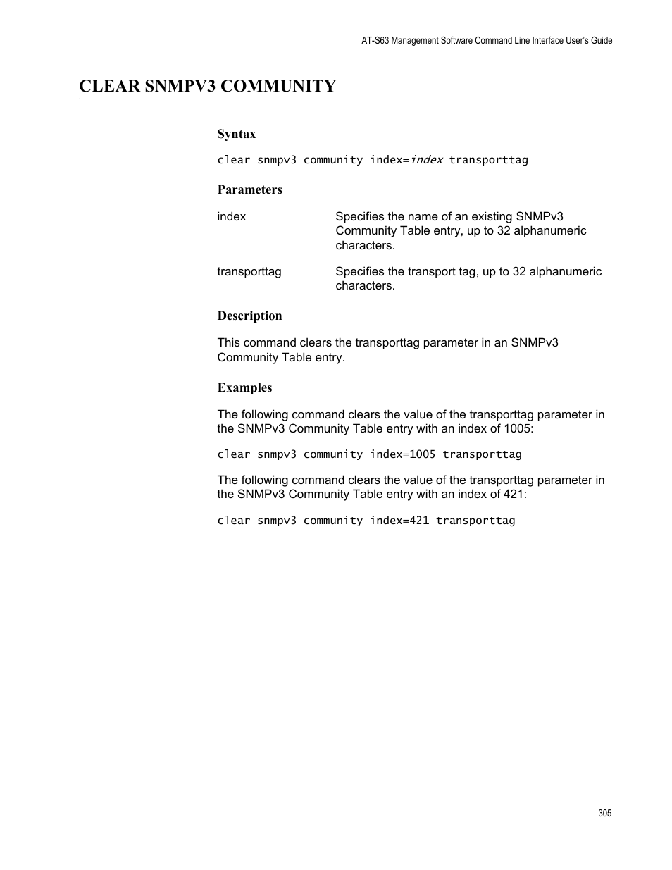 Clear snmpv3 community, Syntax, Parameters | Description, Examples | Allied Telesis AT-S63 User Manual | Page 305 / 562