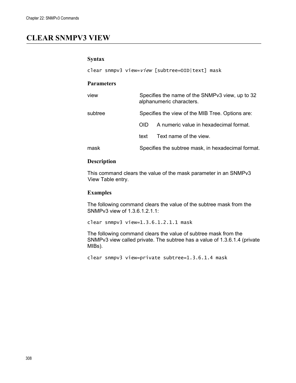 Clear snmpv3 view, Syntax, Parameters | Description, Examples | Allied Telesis AT-S63 User Manual | Page 308 / 562