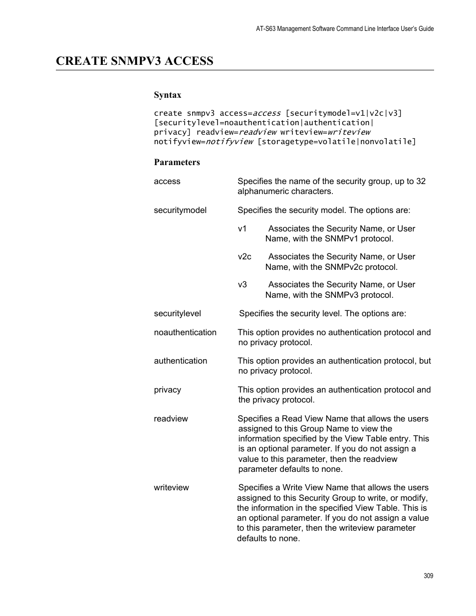 Create snmpv3 access, Syntax, Parameters | Allied Telesis AT-S63 User Manual | Page 309 / 562