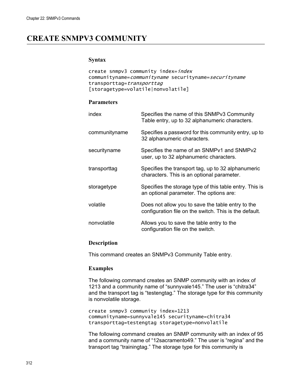 Create snmpv3 community, Syntax, Parameters | Description, Examples | Allied Telesis AT-S63 User Manual | Page 312 / 562