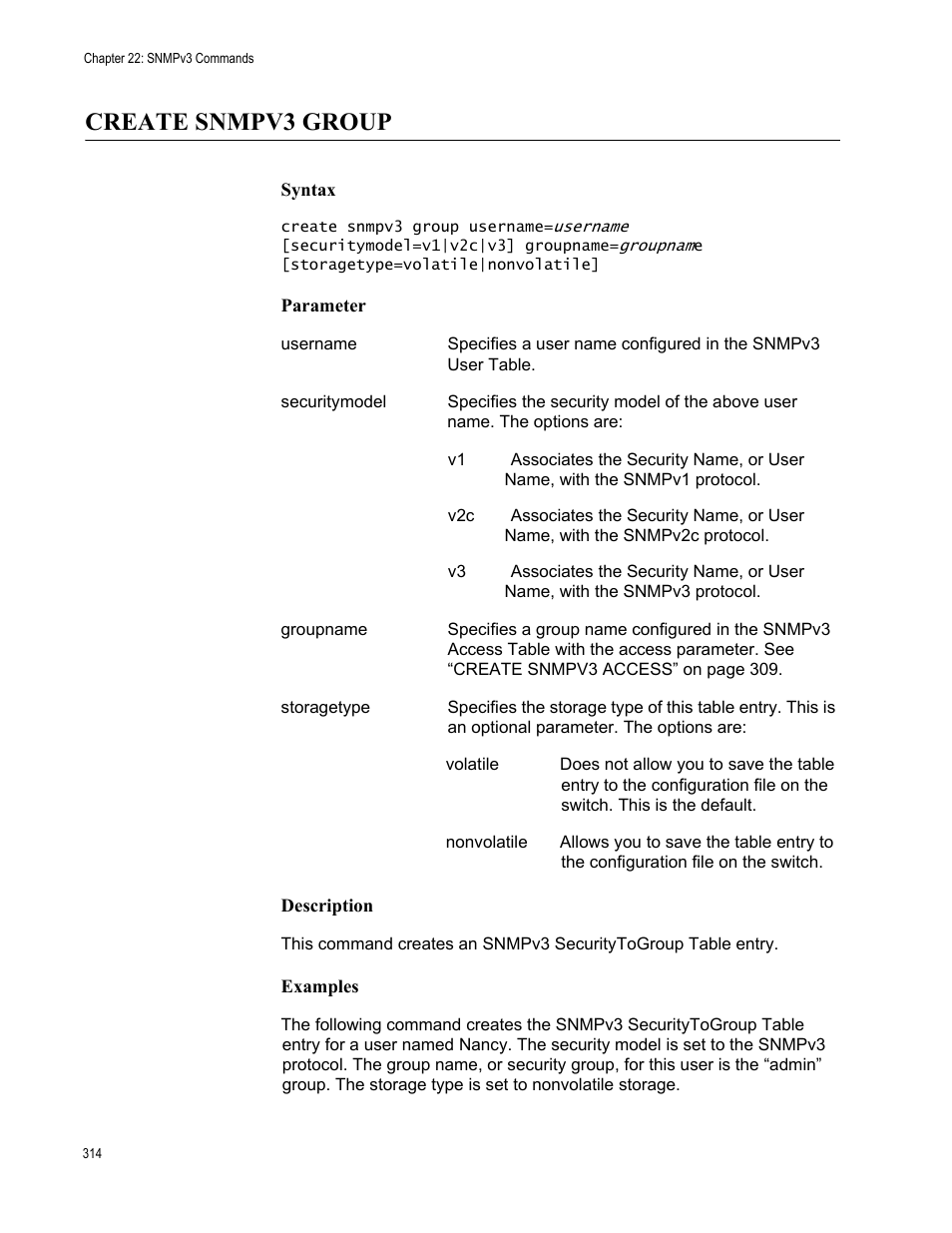 Create snmpv3 group, Syntax, Parameter | Description, Examples | Allied Telesis AT-S63 User Manual | Page 314 / 562