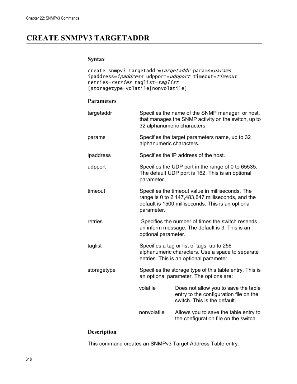 Create snmpv3 targetaddr, Syntax, Parameters | Description | Allied Telesis AT-S63 User Manual | Page 318 / 562