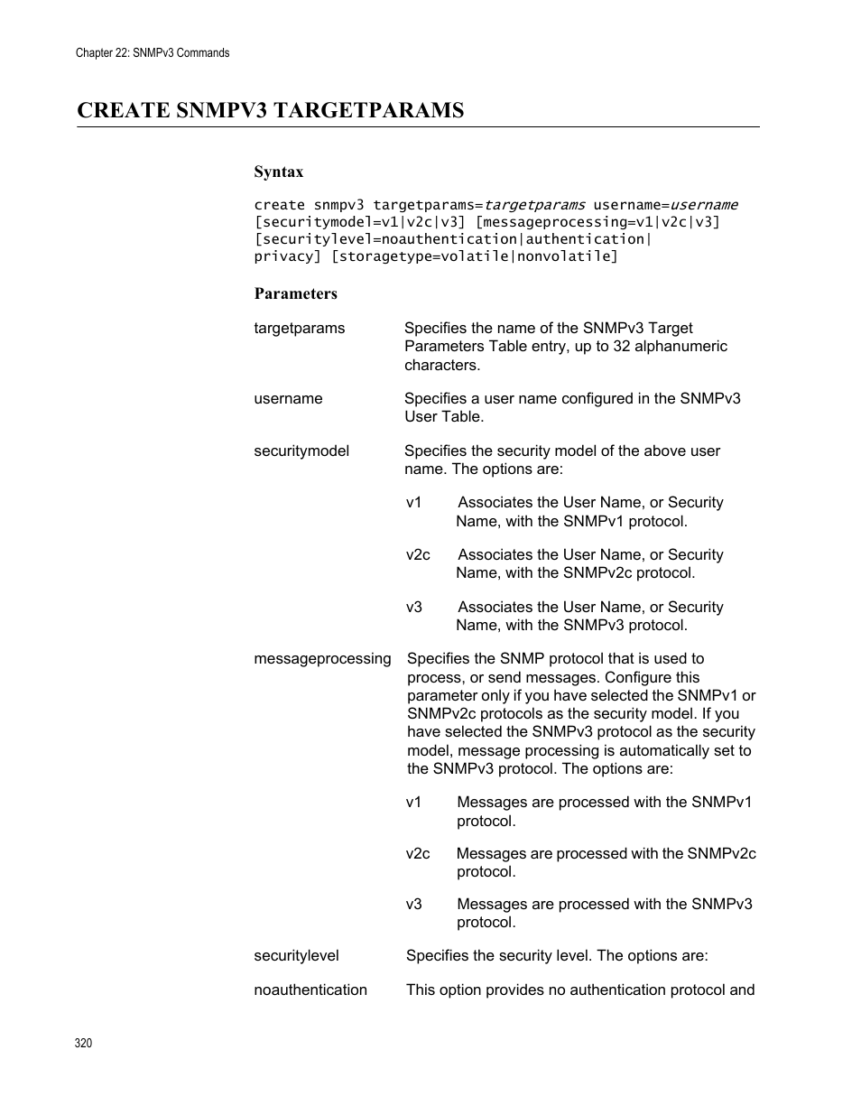Create snmpv3 targetparams, Syntax, Parameters | Allied Telesis AT-S63 User Manual | Page 320 / 562