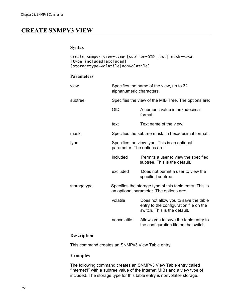 Create snmpv3 view, Syntax, Parameters | Description, Examples | Allied Telesis AT-S63 User Manual | Page 322 / 562