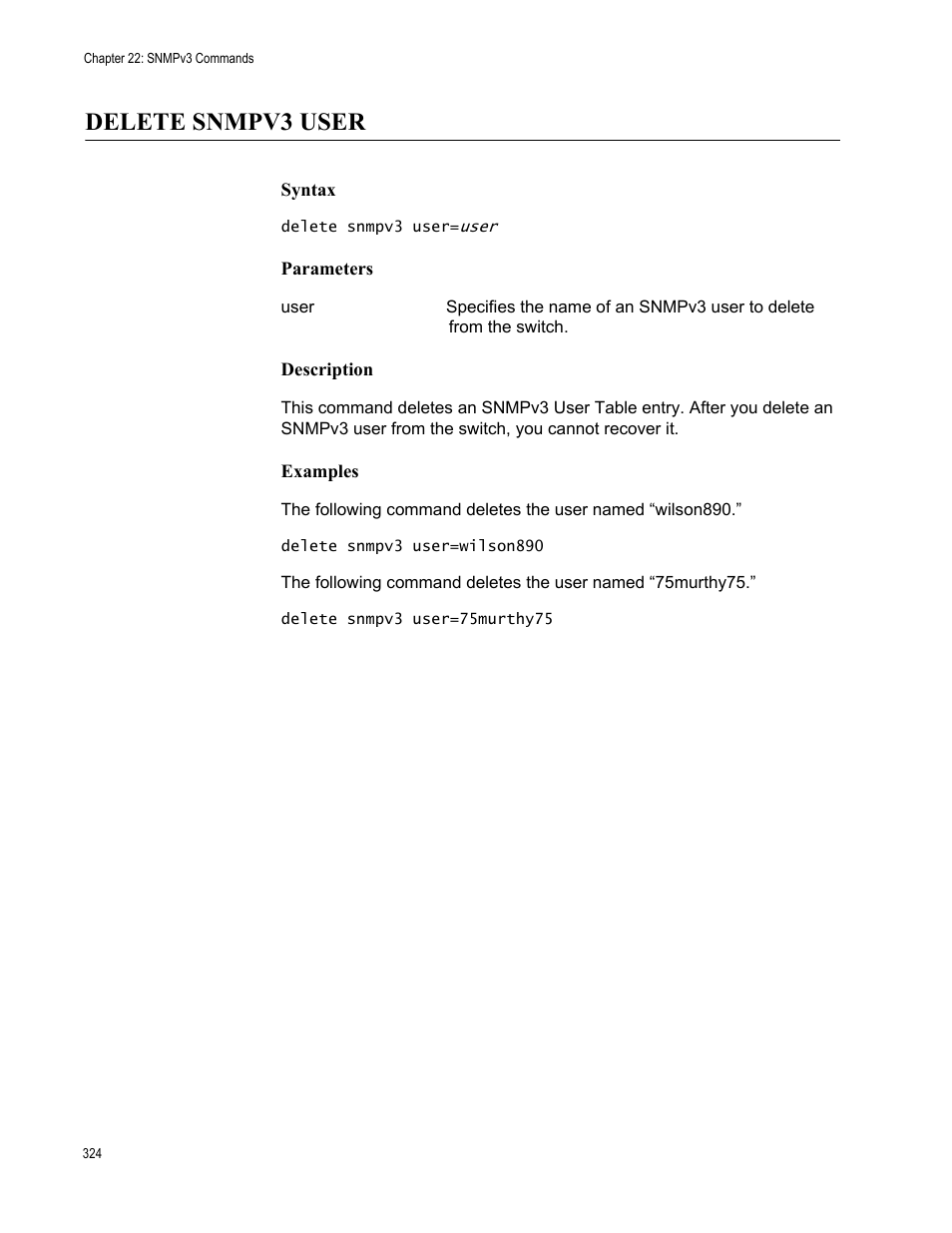 Delete snmpv3 user, Syntax, Parameters | Description, Examples | Allied Telesis AT-S63 User Manual | Page 324 / 562