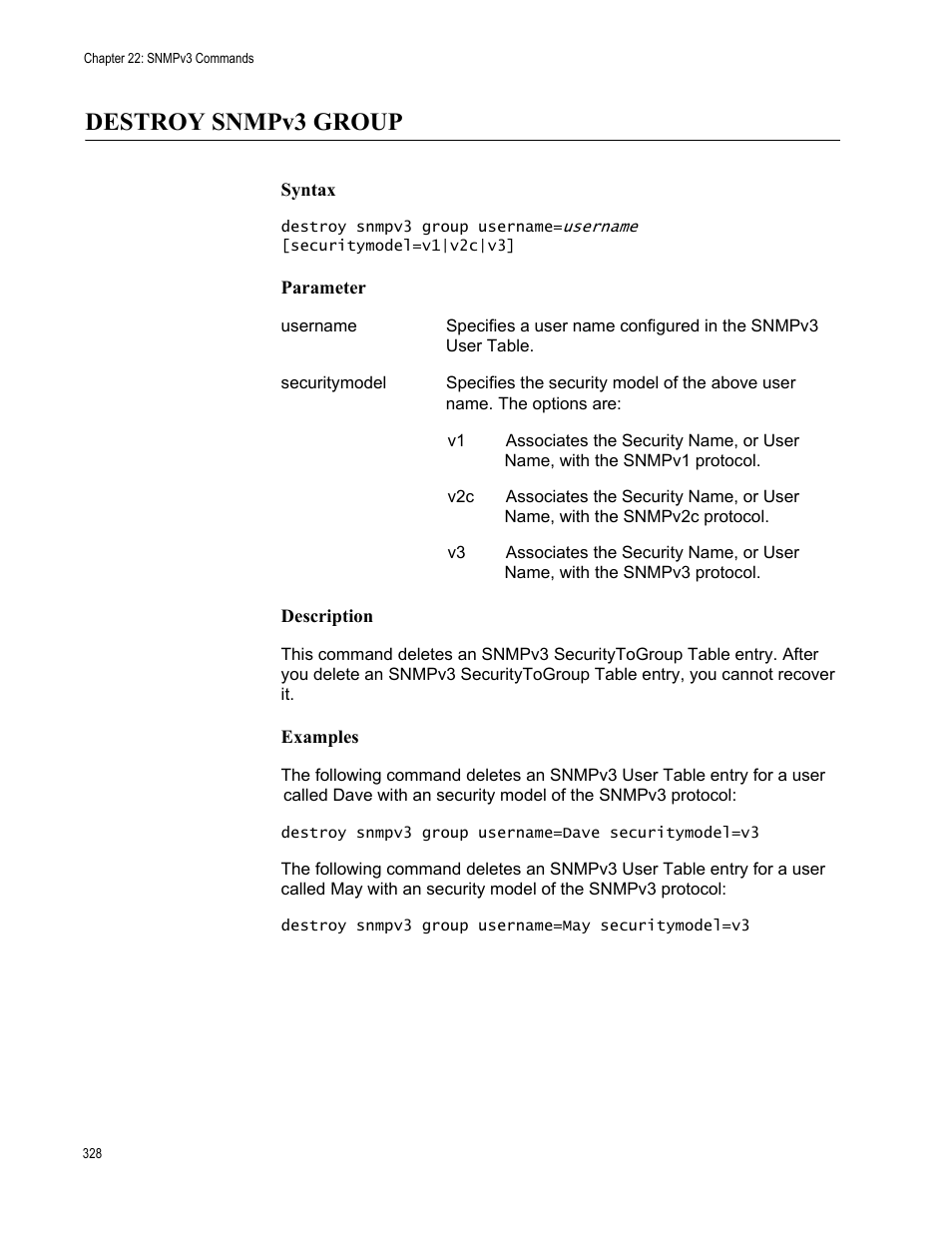 Destroy snmpv3 group, Syntax, Parameter | Description, Examples | Allied Telesis AT-S63 User Manual | Page 328 / 562