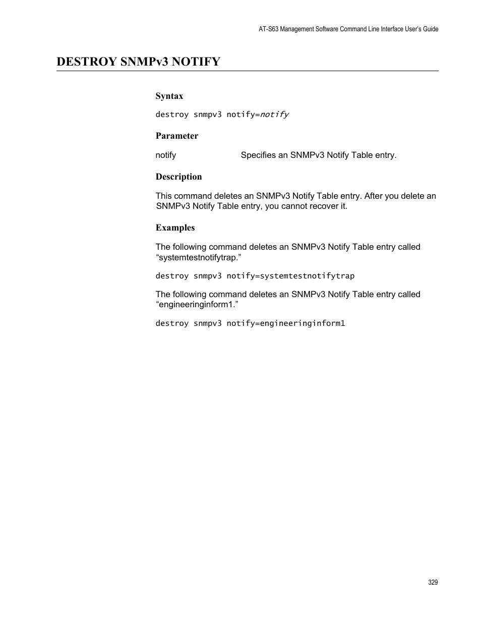 Destroy snmpv3 notify, Syntax, Parameter | Description, Examples | Allied Telesis AT-S63 User Manual | Page 329 / 562