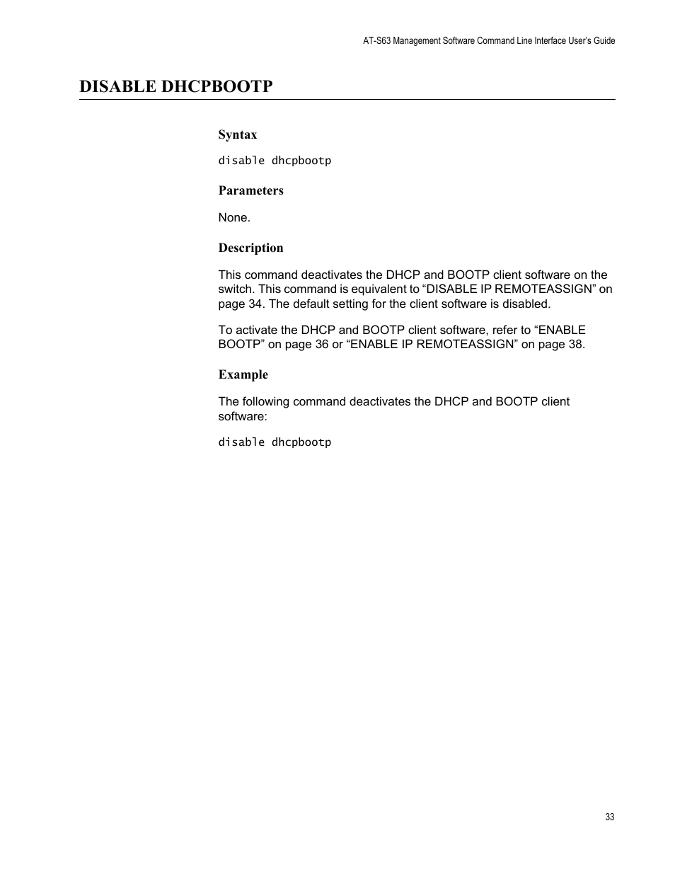 Disable dhcpbootp, Syntax, Parameters | Description, Example | Allied Telesis AT-S63 User Manual | Page 33 / 562