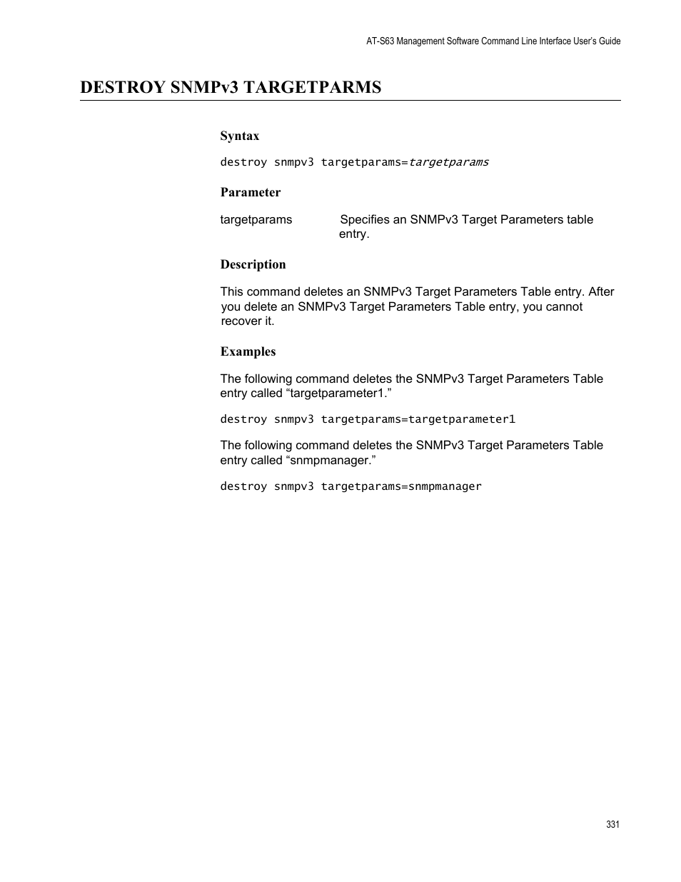 Destroy snmpv3 targetparms, Syntax, Parameter | Description, Examples | Allied Telesis AT-S63 User Manual | Page 331 / 562