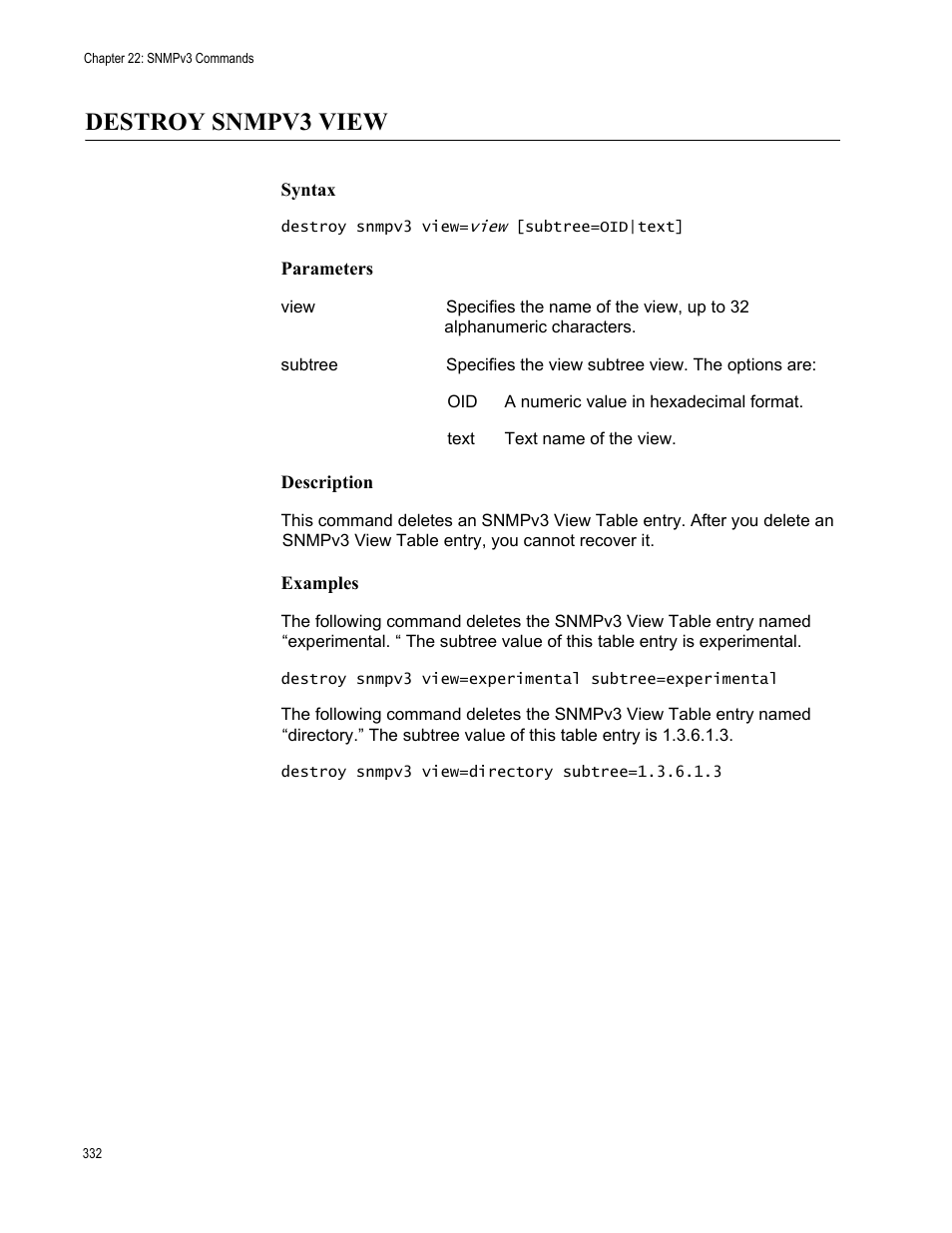 Destroy snmpv3 view, Syntax, Parameters | Description, Examples | Allied Telesis AT-S63 User Manual | Page 332 / 562