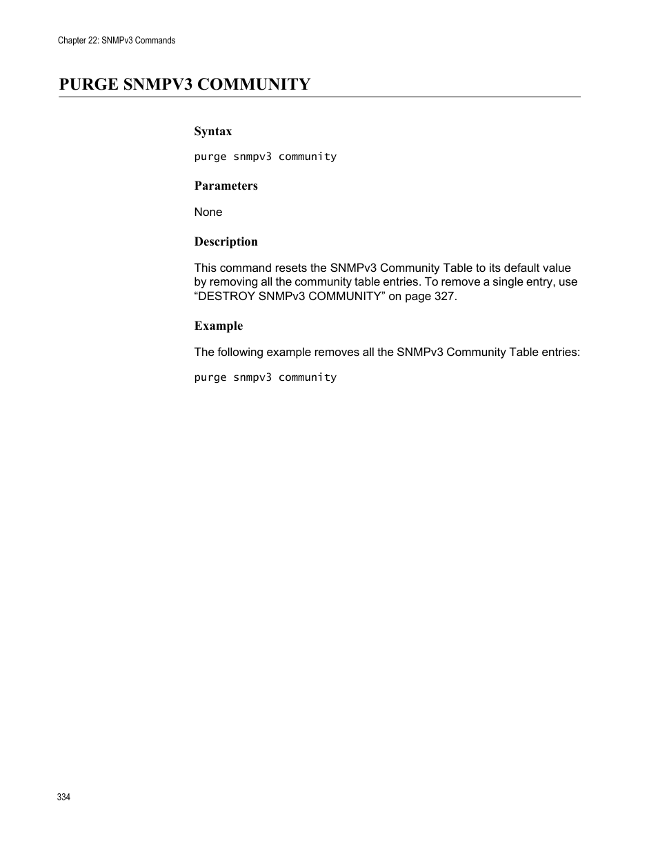 Purge snmpv3 community, Syntax, Parameters | Description, Example | Allied Telesis AT-S63 User Manual | Page 334 / 562