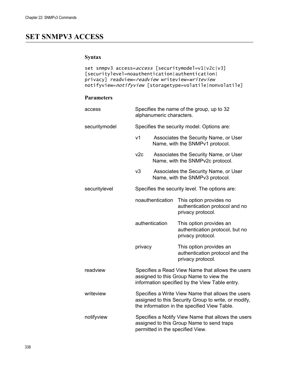 Set snmpv3 access, Syntax, Parameters | Allied Telesis AT-S63 User Manual | Page 338 / 562