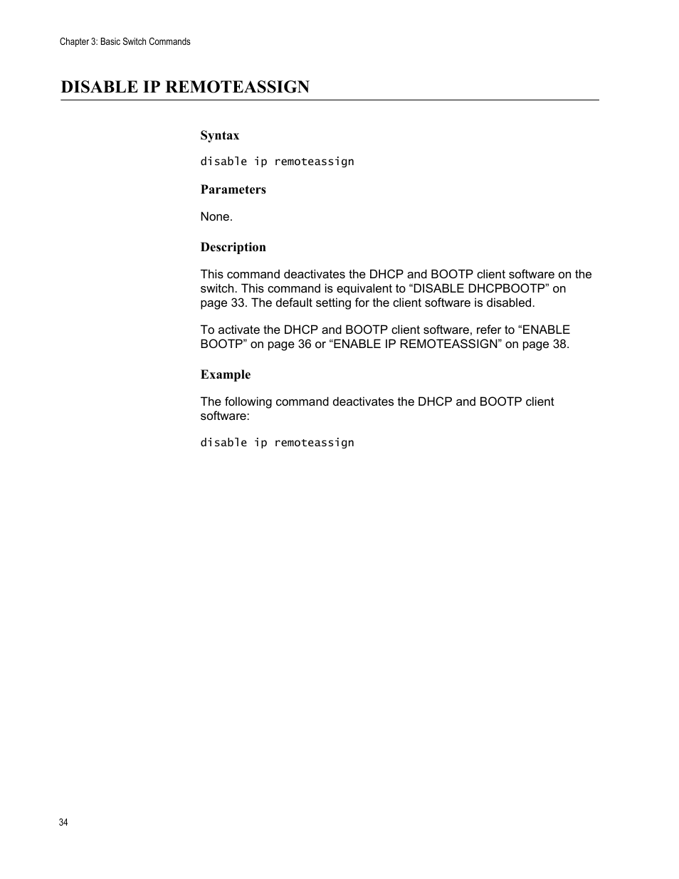 Disable ip remoteassign, Syntax, Parameters | Description, Example | Allied Telesis AT-S63 User Manual | Page 34 / 562