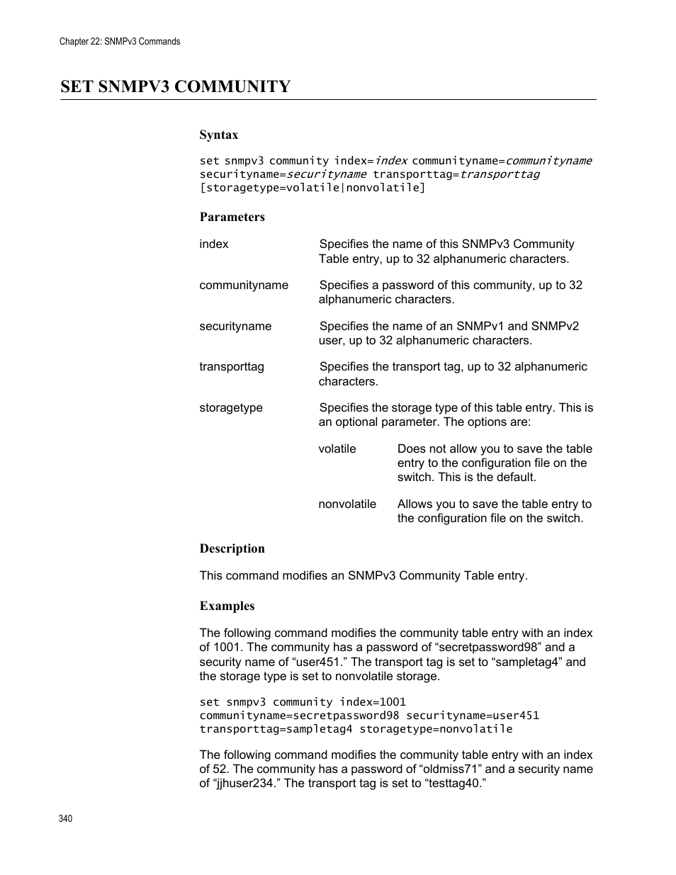 Set snmpv3 community, Syntax, Parameters | Description, Examples | Allied Telesis AT-S63 User Manual | Page 340 / 562