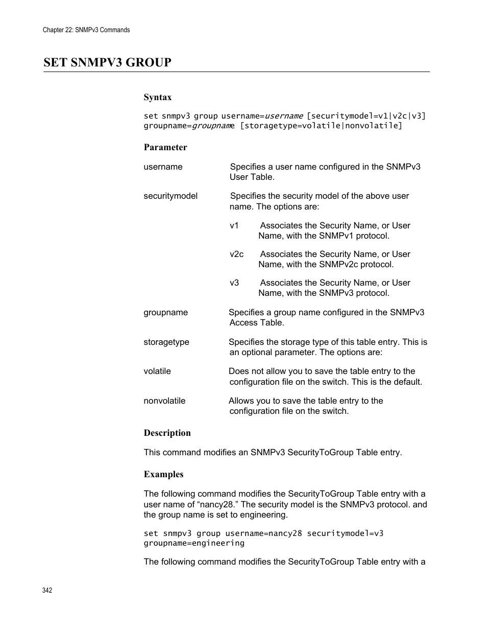 Set snmpv3 group, Syntax, Parameter | Description, Examples | Allied Telesis AT-S63 User Manual | Page 342 / 562